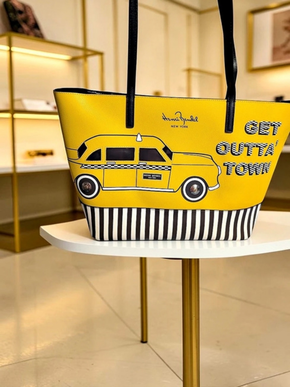 Henri Bendel Get Outta’ Town Leather Tote Taxi Graphic Yellow NWOT